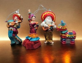 Verre Blown Glass Ornament Set 4 Mexican Mariachi and Dancer Donkey Pinata Santa - £79.94 GBP