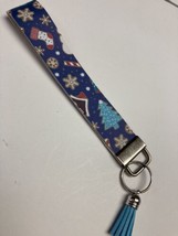 Wristlet Key Fob Keychain Faux Leather Christmas Night snowflakes w Tass... - $7.80