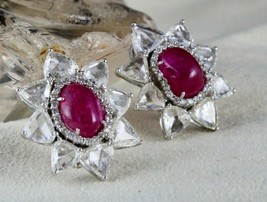 Certified Natural Burmese Ruby Cabochon Rose Cut Diamond Stud Earring 18K Gold - £18,941.05 GBP