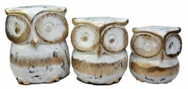 Balinese Wood Handicrafts White &amp; Gold Forest Owl Family Set of 3 Figuri... - £20.70 GBP