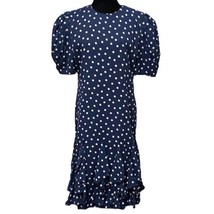 Vintage Saks Fifth Avenue Navy Blue Polka Dot Puff Sleeve Crepe Dress Size 10 - £15.00 GBP