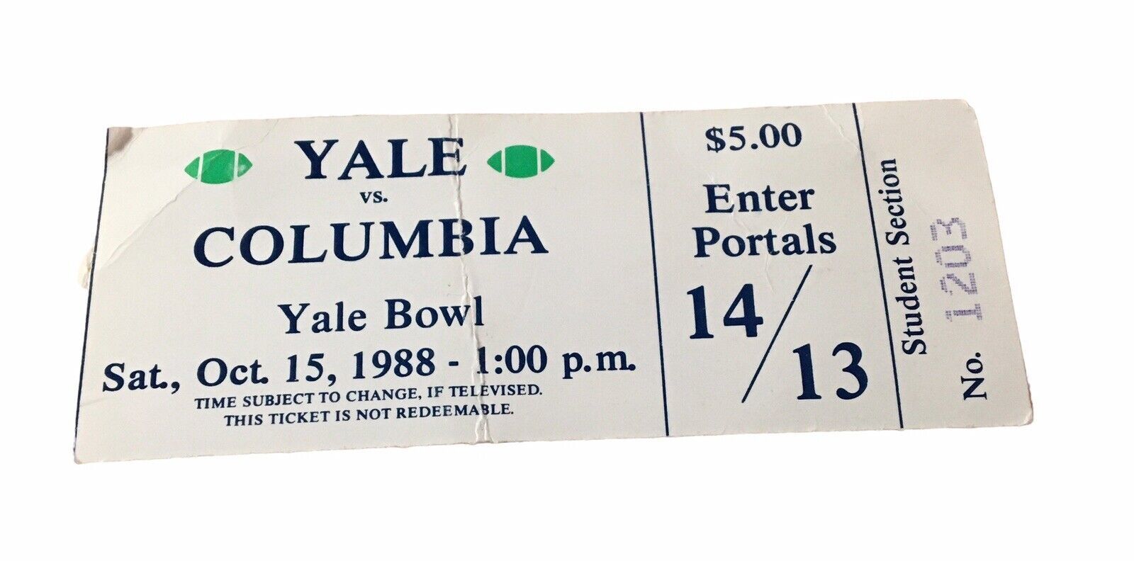 OCTOBER 15 1988 YALE BOWL COLUMBIA VS. YALE COLLEGE FOOTBALL TICKET STUB RARE - $285.00