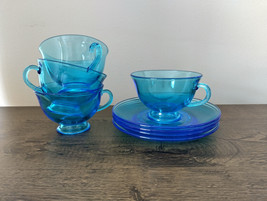 Fostoria Pioneer Blue (Electric Blue) Footed Cups &amp; Saucers Set of Four ... - $39.60