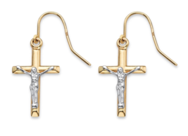 CRUCIFIX DROP EARRINGS TWO TONE YELLOW AND WHITE 10K GOLD - £229.13 GBP