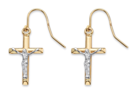 CRUCIFIX DROP EARRINGS TWO TONE YELLOW AND WHITE 10K GOLD - £229.80 GBP