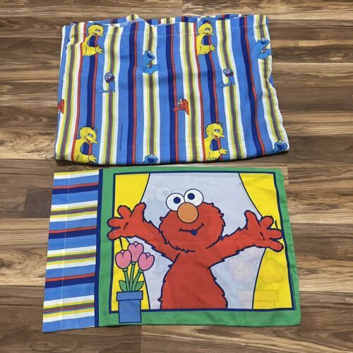 Vintage 2000 Sesame Street Twin Flat Sheet Pillowcase Elmo Cookie Monster Y2K - $18.04