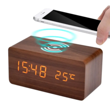 Wooden Digital Alarm Clock with Qi Wireless Charging Pad, Calendar, Temp Display - £14.85 GBP