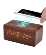 Wooden Digital Alarm Clock with Qi Wireless Charging Pad, Calendar, Temp... - £14.96 GBP