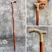 Antique Hand Carved Wooden Walking Stick Cane Solid Brass Handle Vintage Gift - £29.17 GBP
