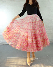 Red Sun Flower Pattern Tiered Tulle Skirt Outfit Custom Size Long Floral Skirts