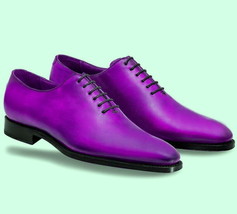 Men&#39;s New Oxford Shiny Purple Color Rounded Derby Toe Black Sole Leather Shoes - £119.89 GBP+