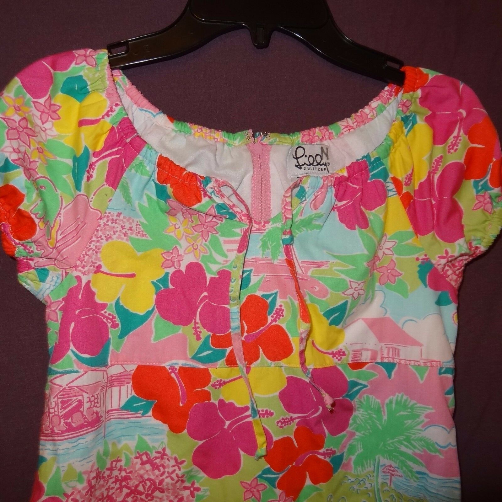Primary image for Lilly Pulitzer Aloha Dress Summer Parrots Hibiscus Flowers Beach Hut Size 7