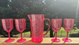 Durable Bright Pink Acrylic 4 Wine Glasses &amp; Matching Pitcher Embossed Flowers - £51.95 GBP