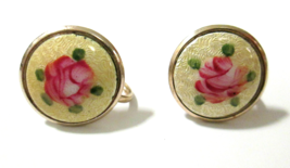 Pink Painted Rose Guilloche Enamel Round Gold Tone Screwback Earrings Cl... - $19.00