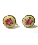 Pink Painted Rose Guilloche Enamel Round Gold Tone Screwback Earrings Cl... - £14.94 GBP