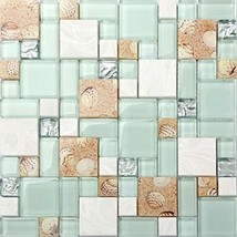 Beach Style Backsplash Lake Green Glass Mixed Stone Mosaic Wall Tile Set of 11 - £149.03 GBP