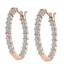 Round Clear Diamond 14CT Rose Gold Plated Inside Outside Hoop Earrings C... - $80.04