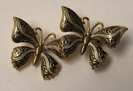 Two Small Ornate Enamel Butterflies Pin Brooch Slightly eXtended Pin - $8.06