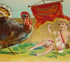 Turkey, Ax, &amp; Cupid With Banner &amp; Arrows Antique Thanksgiving Postcard - $5.00