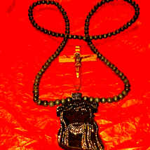 Beautiful handcrafted Black Jesus wood beaded necklace~unisex~w/SM Wood Cross - £38.65 GBP