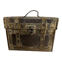 Vintage Wooden Leather Box Trinket Photo Keepsake Storage Case Handle Clasp - $42.53