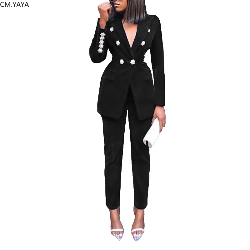 Autumn Winter Tracksuit Notched Full Sleeve Blazers Pants Suit Two Piece Casual  - £126.34 GBP