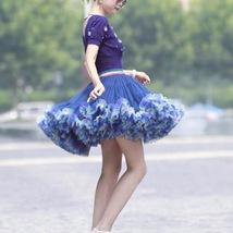 Women Navy Blue Ruffle Layered Tulle Skirt A-line Plus Size Tulle Holiday Skirt