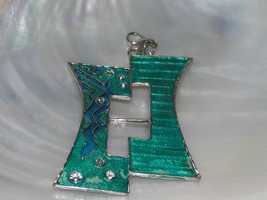 Estate Large Teal Green &amp; Aqua Enamel Shifted Rectangle with Clear Rhinestone - £6.86 GBP