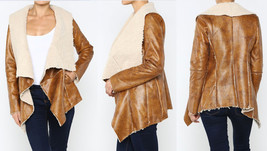  Women&#39;s Faux Vegan Lambskin Leather Shearling Jacket Sherpa Lined Camel Brown - £52.32 GBP