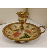vintage brass chamberstick candle holder with enamel floral detailing. - $188.43 MXN