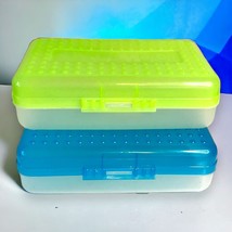 Vintage Y2K Lot/2 SpaceMaker Plastic Pencil Cases Neon Green/Clear &amp; Blue/Clear - £12.74 GBP