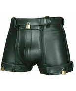MENS GENUINE LEATHER CHASTITY SHORTS BLACK DOUBLE ZIPPER SHORTS PARTY COSPLAY - $107.73