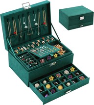 Qbestry Jewelry Organizer Box For Women,Green Velvet Jewelry Box 3 Layer, Green - £29.02 GBP