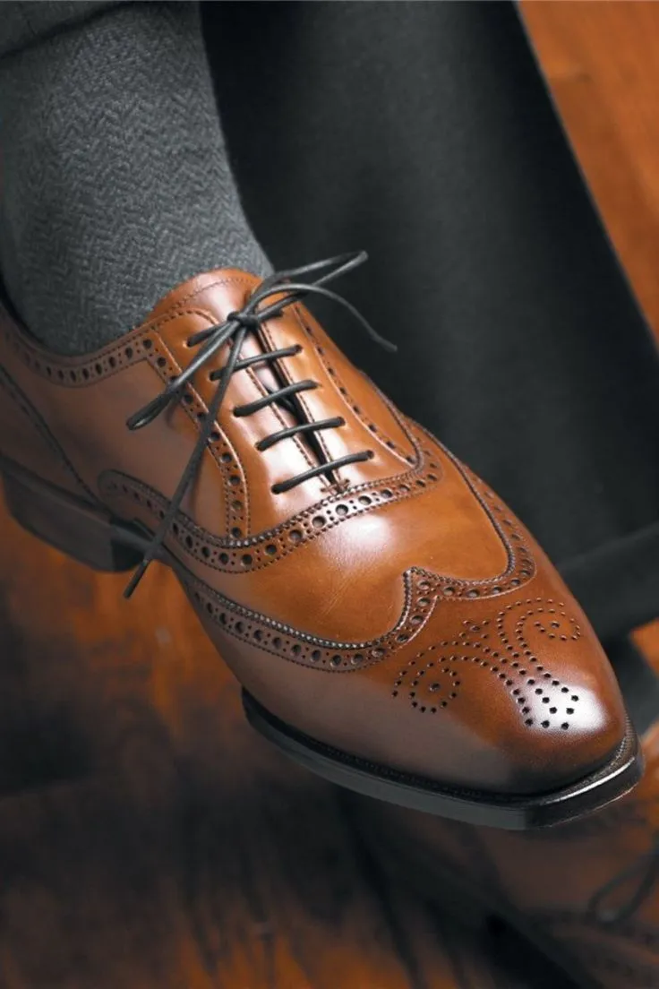 Handmade Men&#39;s Brown Leather Wingtip Medallion Chiseled Toe Lace Up Oxfo... - $159.99