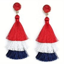 NEW Patriotic Tassel Gold Post Earrings USA Red Druzy Style 3 1/4&quot; - £9.31 GBP