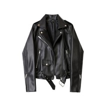 W spring autumn women blue faux leather jacket ladies solid with belt zipper biker coat thumb200