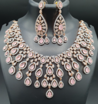Bollywood Style Gold Plated Indian CZ Necklace Earrings Pink Sapphir Jewelry Set - £114.27 GBP