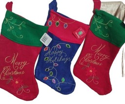 3 Christmas Stockings  Happy Holidays, Merry Christmas Felt Embroidered 16&quot; New - £12.65 GBP