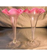 Pair of Two 2 Ruffled Edge Pink Top Clear Art Glass Vases Vase Vintage Set - $64.99