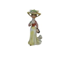 VTG Bisque Porcelain 5” Victorian Lady Woman Yellow Floral Hat Purse Figurine - £8.52 GBP