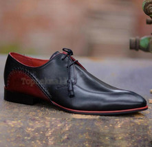 Handmade Men&#39;s Leather Oxfords Super Stylish Black Red Two Tone Party Shoes-275 - £175.85 GBP