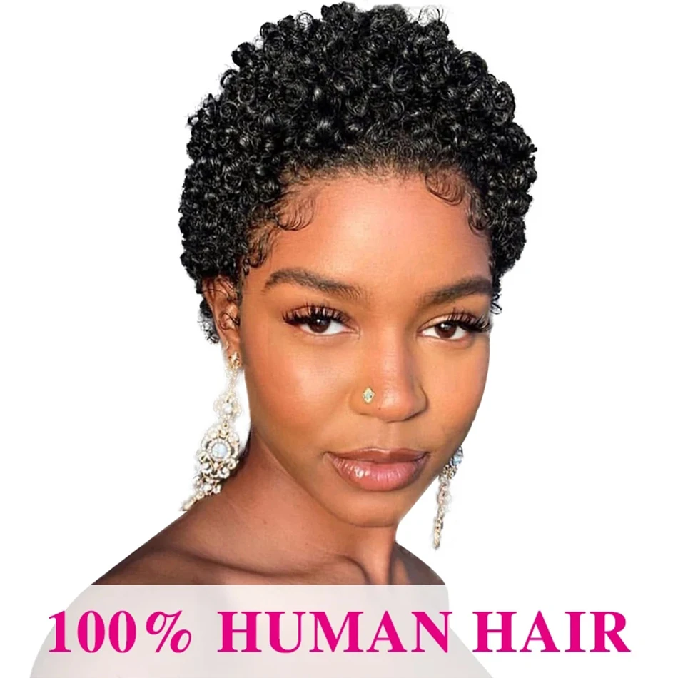  short curly human hair wigs pixie cut brazilian remy short wigs human hair black color thumb200