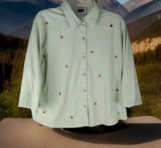 Kim Rogers Button-Down Blouse Sz XL Apples 100% Linen Pleated Pockets Green - £11.23 GBP