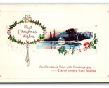 Best Christmas Wishes Cabin Scene Holly Wreath Embossed DB Postcard R10 - $3.91