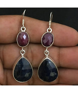 Natural Ruby &amp; Sapphire Earring-Sterling Silver Earring-Teardrop Earring... - £41.32 GBP