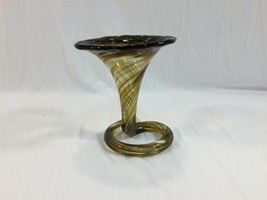 Vintage Art Glass Swirl Vase Yellow Brown Hand Blown - £15.68 GBP