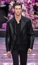 Formal Men Stylish Black Handmade Blazer Business Leather Lambskin 100%G... - £94.92 GBP