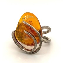 Vintage Signed Sterling Handmade Retro Modern Wrap Large Amber Stone Ring 7 1/4 - £50.26 GBP