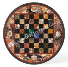 24&quot; Beautiful Marble Round Chess Coffee End Table Top Mosaic Multi Inlaid E834 - £817.49 GBP