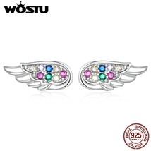 WOSTU Real 925 Silver Angel Wing Stud Earrings For Women Hollow Rainbow Zircon E - £17.40 GBP